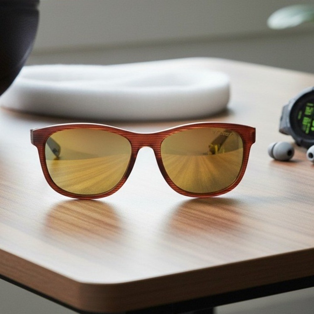 Tifosi Swank Sunglasses, Brown Woodgrain Gold Mirror Lens, Men's Sport Lifestyle